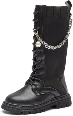 Little Girls Knitted Leather Lace-Up Knee High Winter Boots Fashion Black Mid Calf Combat Riding Boots (Toddler/Little Kid/Big Kid)