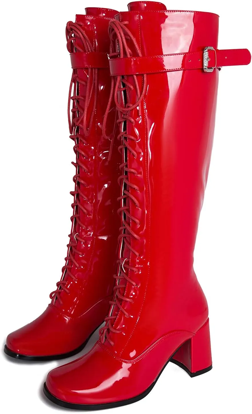 LIURUIJIA Women's Gogo Boots Lace up Knee High Block Heel Side Zipper Riding Boots