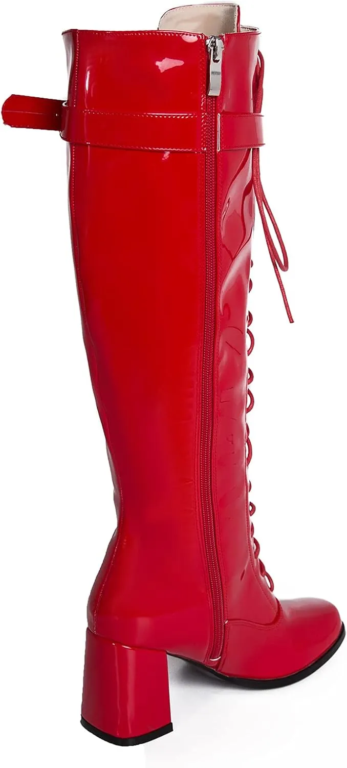 LIURUIJIA Women's Gogo Boots Lace up Knee High Block Heel Side Zipper Riding Boots