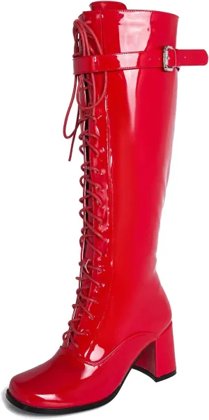 LIURUIJIA Women's Gogo Boots Lace up Knee High Block Heel Side Zipper Riding Boots
