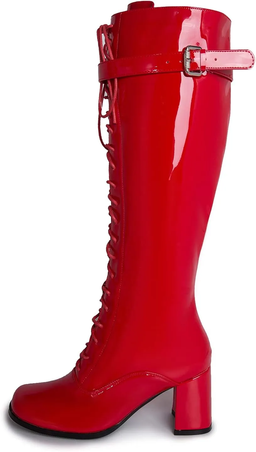 LIURUIJIA Women's Gogo Boots Lace up Knee High Block Heel Side Zipper Riding Boots