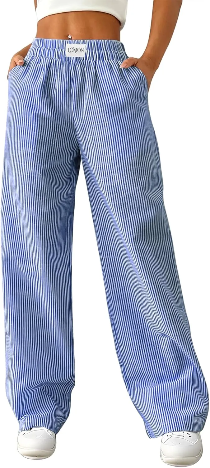 LOMON Women's Striped Gingham Boxer Pants Cotton Pajama Lounge Pj Casual Plaid Trousers Y2K Beach Bottoms with Pockets