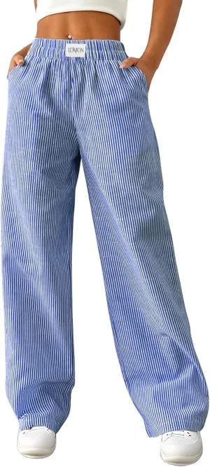 LOMON Women's Striped Gingham Boxer Pants Cotton Pajama Lounge Pj Casual Plaid Trousers Y2K Beach Bottoms with Pockets