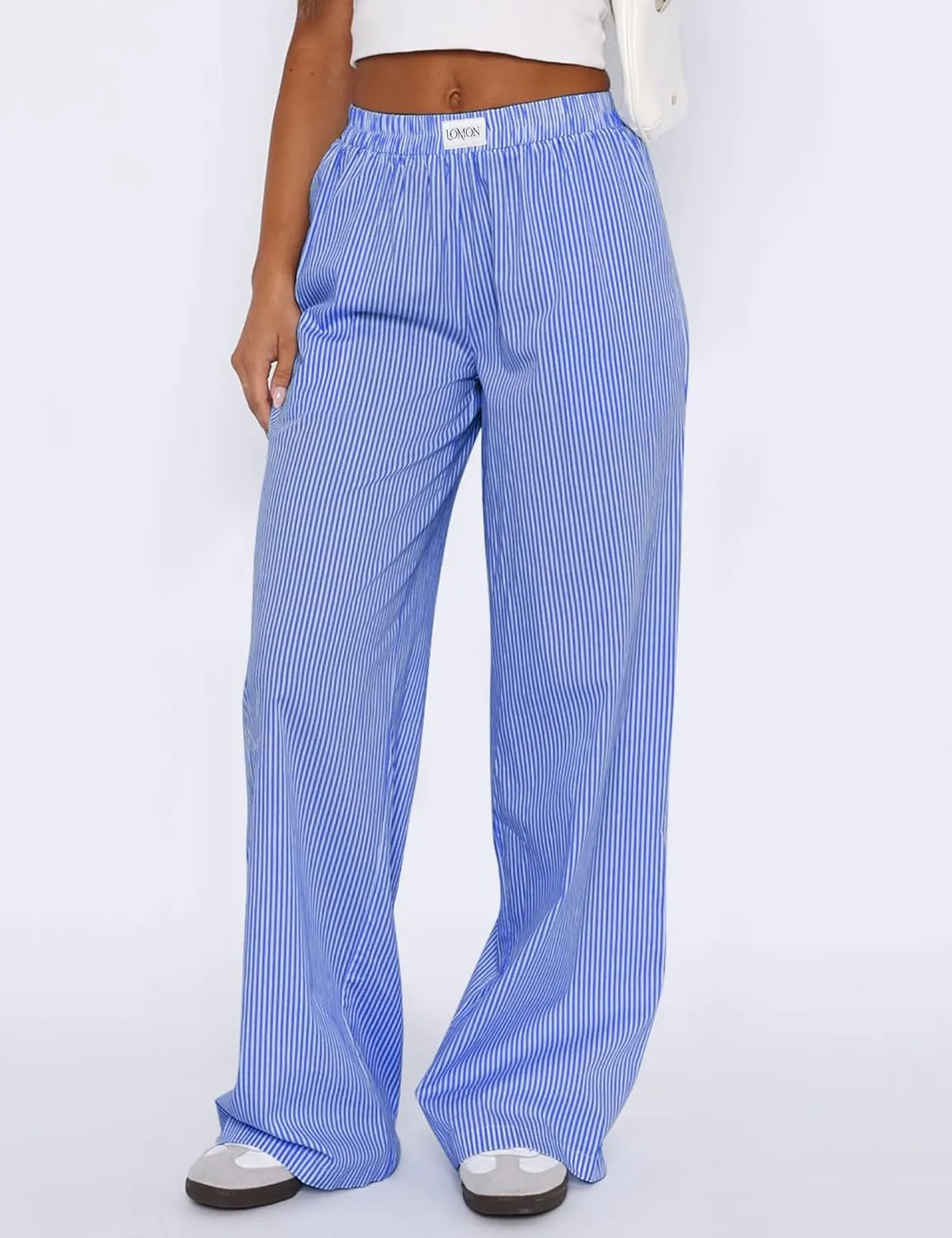 LOMON Women's Striped Gingham Boxer Pants Cotton Pajama Lounge Pj Casual Plaid Trousers Y2K Beach Bottoms with Pockets