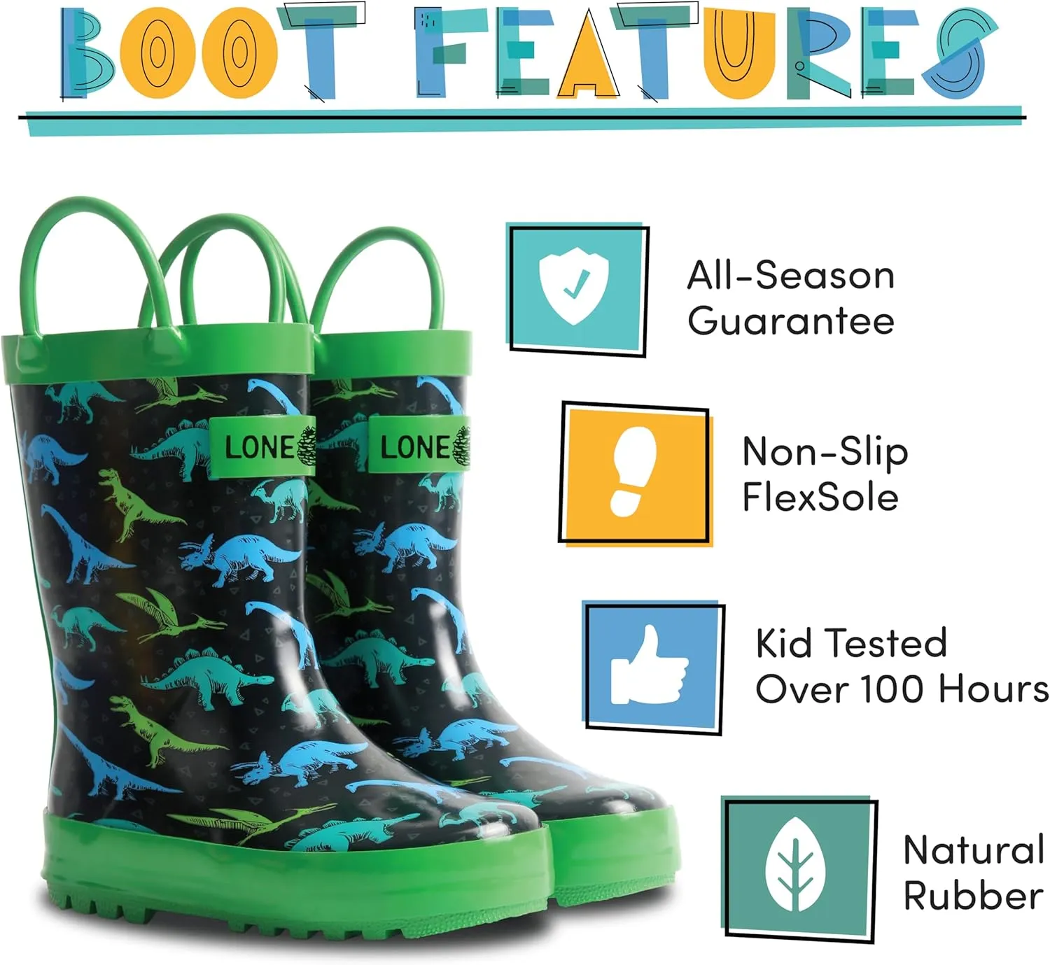 Lone Cone Kids Rain Boots for Girls & Boys – Waterproof Natural Rubber Toddler Rain Boots with Non-Slip Outsole & Easy Pull Handles – Solid, Pattern & Glitter Designs