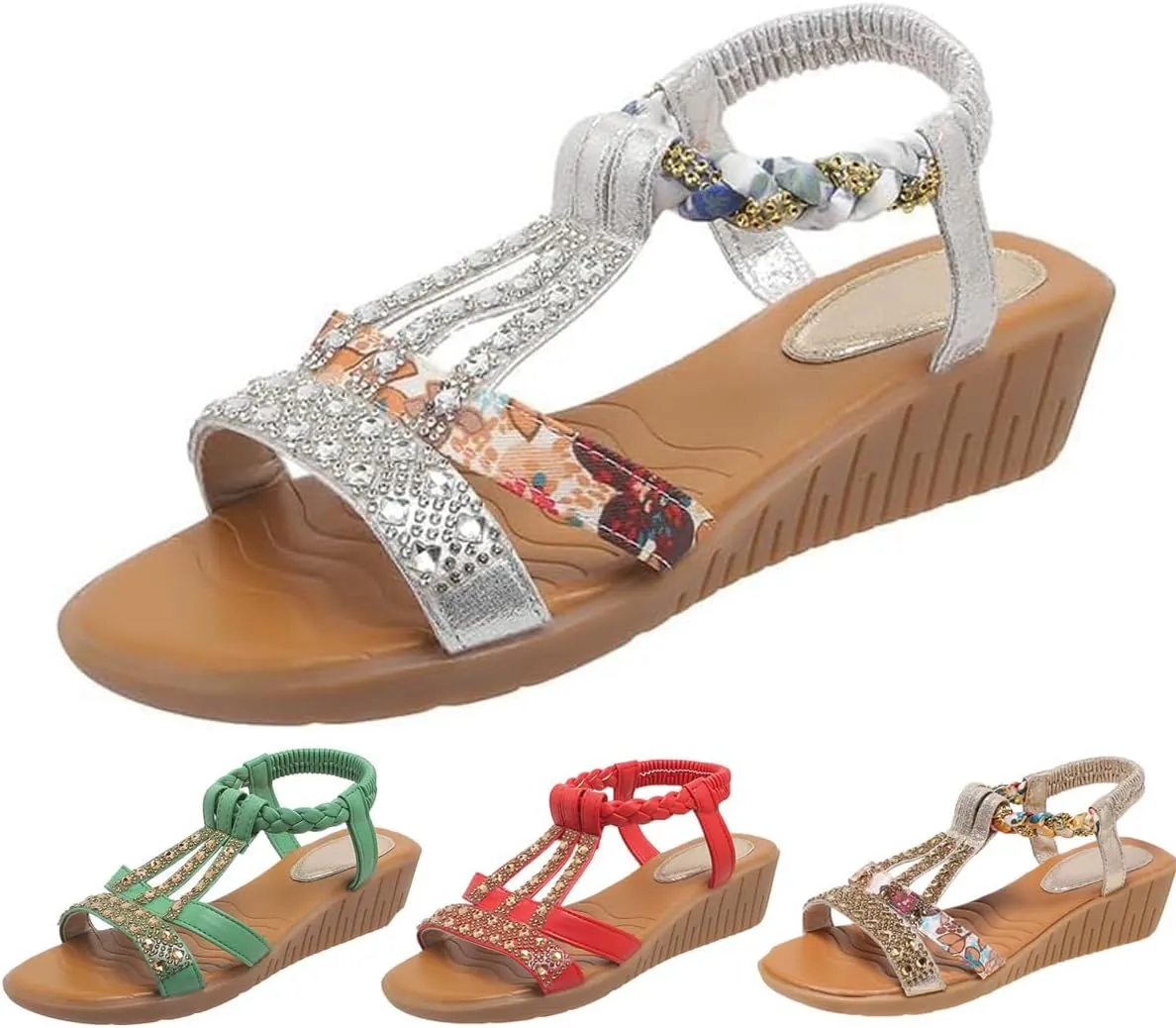 Low Wedge Sandals for Women Bohemia Beach Shoes Elastic Ankle Strap with Arch Support Slip On Open Toe Rhinestone Summer Comfortable Shoe
