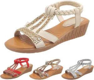 Low Wedge Sandals for Women Bohemia Beach Shoes Elastic Ankle Strap with Arch Support Slip On Open Toe Rhinestone Summer Comfortable Shoe