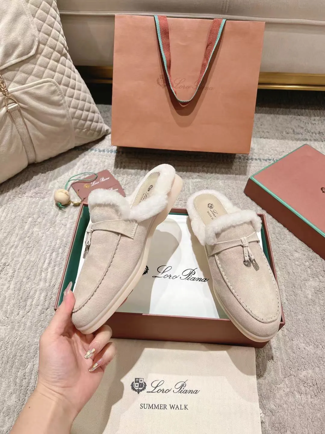 LP Charms Walk Babouche Loafer Bisque Cream mix White Suede With Rabbit Fur Lining 206243