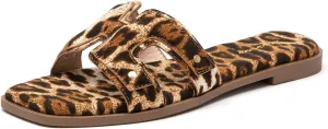 Lryweisy Women's Flat Sandals Comfortable Slip On Slides With Soft Leather Slippers