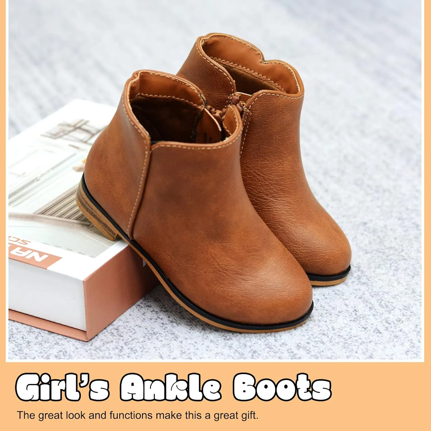 LseLom Girls Ankle Boots for Toddler/Little Kids - Brown, Suede, Zipper, Low-Top, Flat Heel, Casual