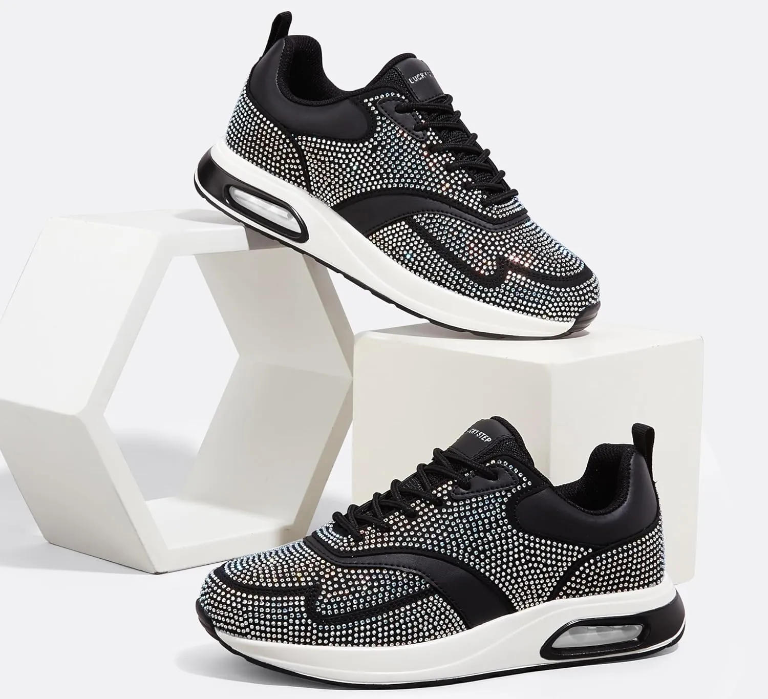 LUCKY STEP Women's Air Cushion Sneakers Rhinestone Fashion Running Gym Jogging Casual Sparkly Arch Support Walking Shoes