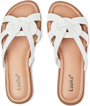 Luoika Women's Wide Width Flat Slides Sandals, Slip on Slide Sandal Casual Comfortable Summer Beach Shoes for Women.