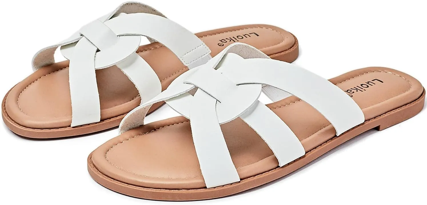 Luoika Women's Wide Width Flat Slides Sandals, Slip on Slide Sandal Casual Comfortable Summer Beach Shoes for Women.