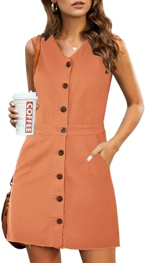 luvamia Women's Casual V Neck Sleeveless Jeans Button Down Denim Short Dress