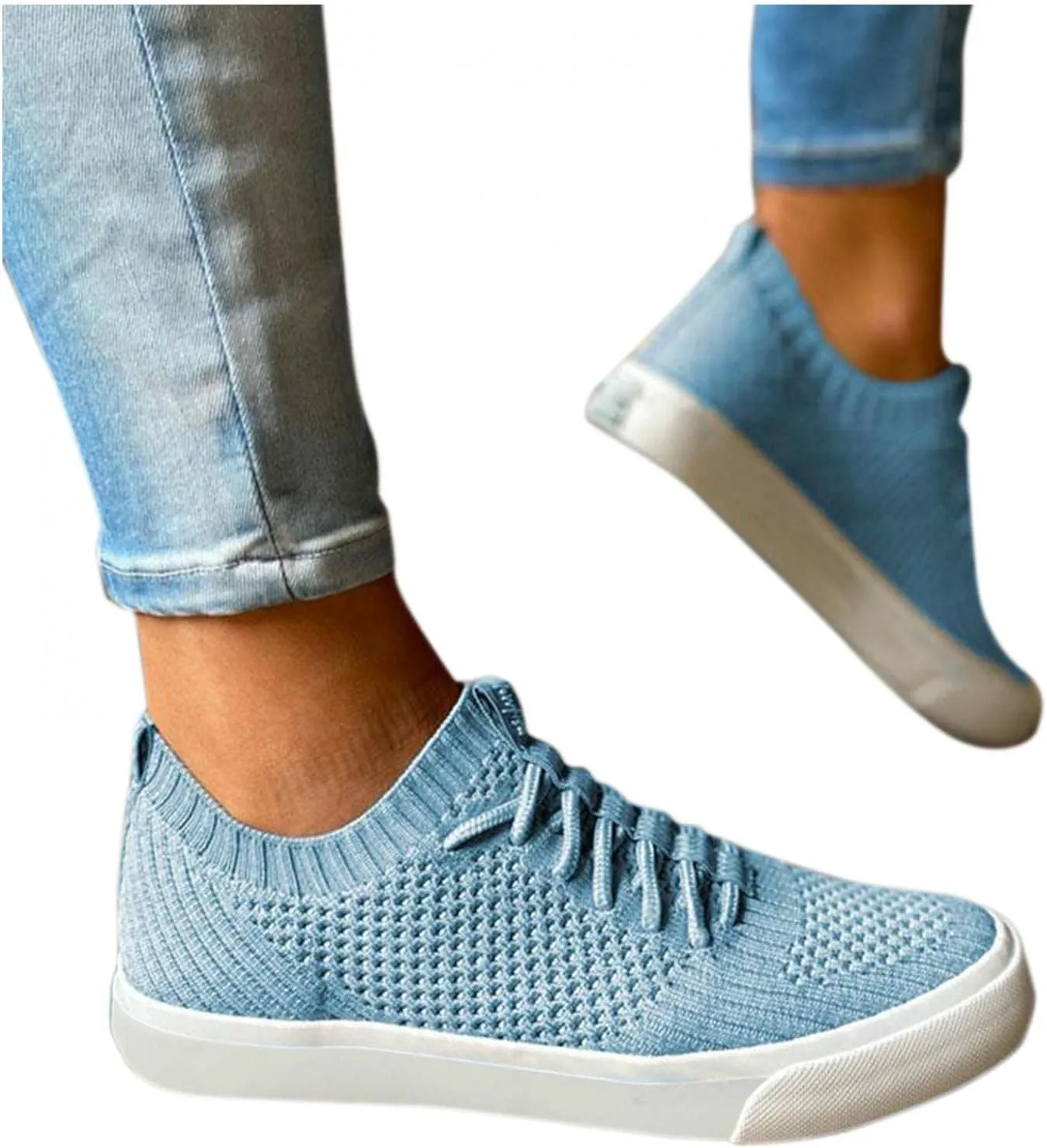 Masbird Sneakers for Women Walking Shoes Breathable Autumn Retro Knitted Loafers Fashion Slip On Running Shoes Blue