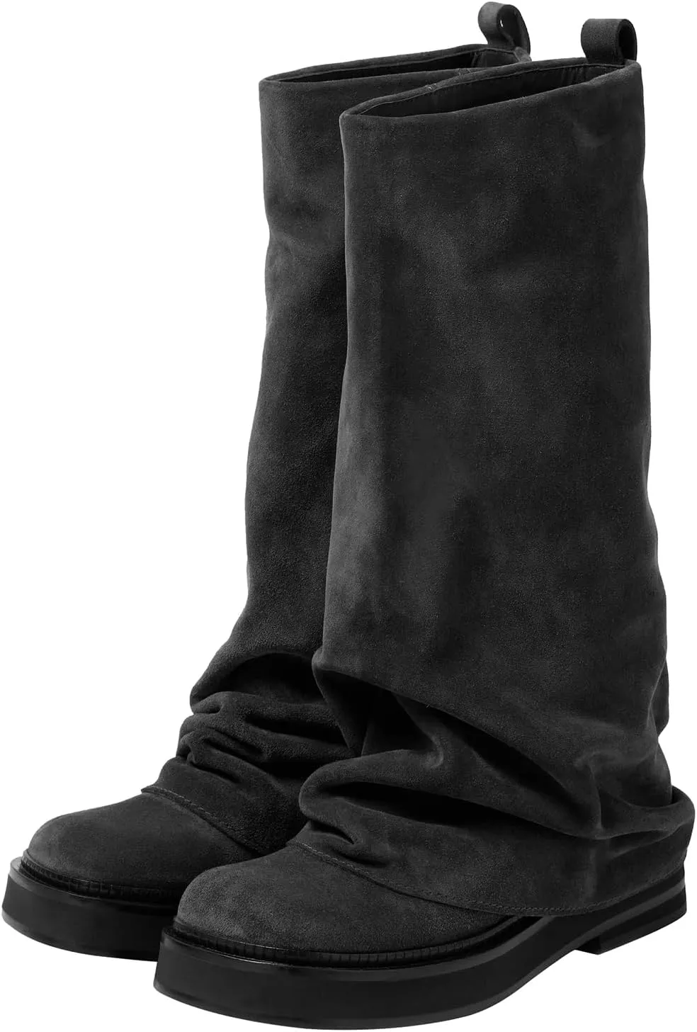 MAVMAX Women Fold Over Knee High Boots Casual Round Toe Coverd Slouched Leather Pull On Wide Calf Chunky Low Heel Platform Boots