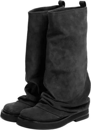 MAVMAX Women Fold Over Knee High Boots Casual Round Toe Coverd Slouched Leather Pull On Wide Calf Chunky Low Heel Platform Boots