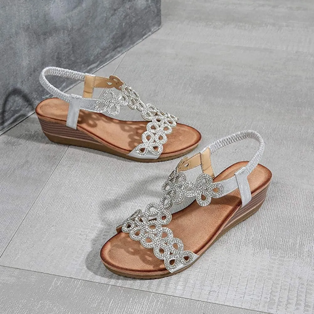 Meeshine Women's Wedge Sandals Summer Comfortable Casual Bohemian Beach Rhinestone Platform Shoes