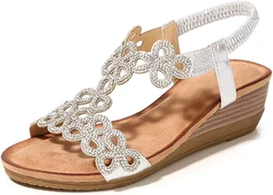 Meeshine Women's Wedge Sandals Summer Comfortable Casual Bohemian Beach Rhinestone Platform Shoes