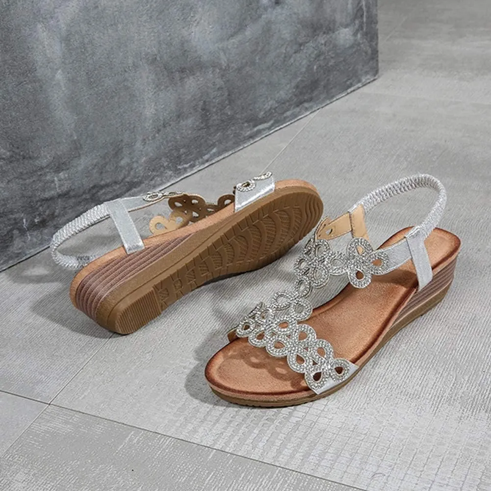 Meeshine Women's Wedge Sandals Summer Comfortable Casual Bohemian Beach Rhinestone Platform Shoes