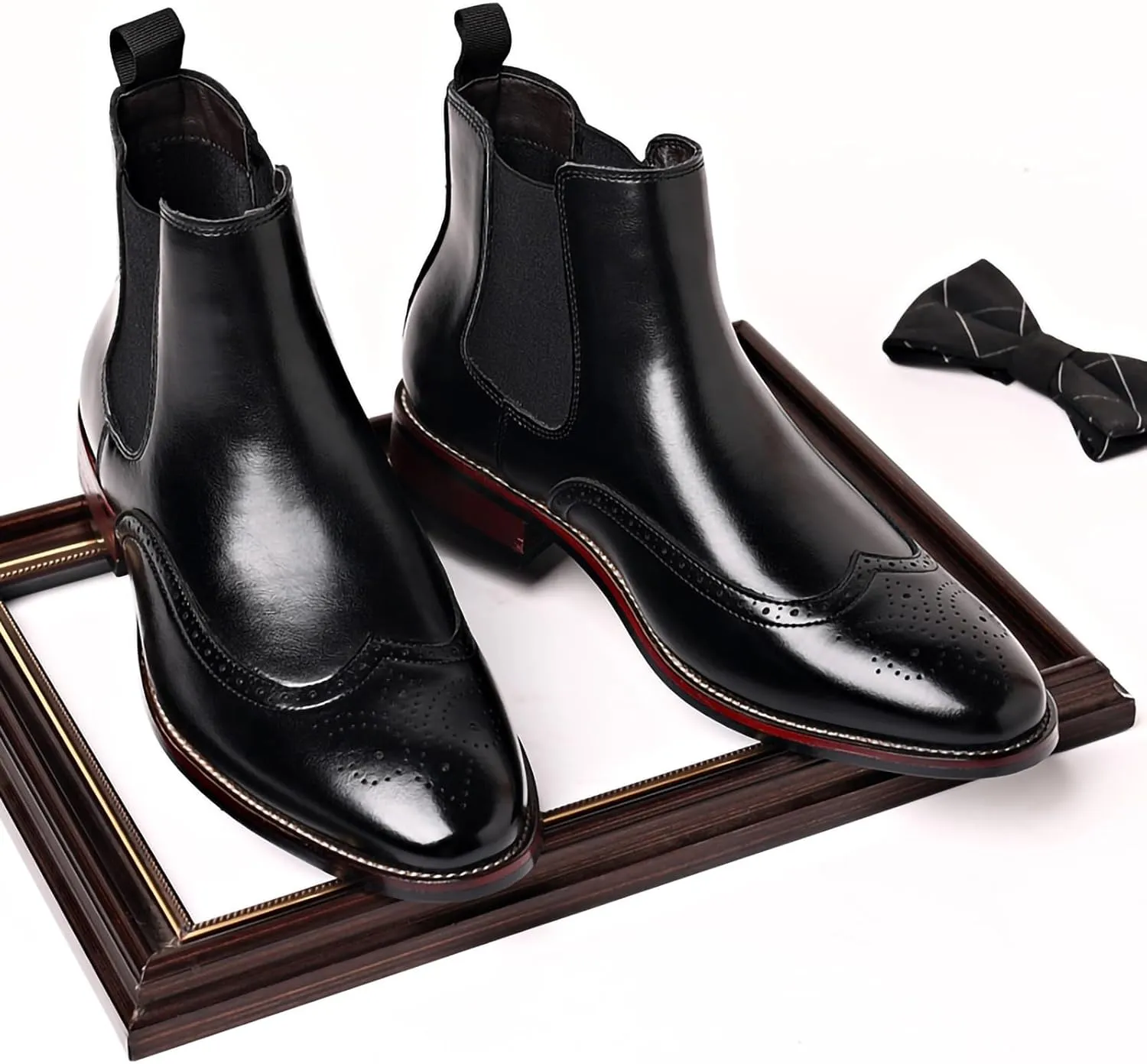 Mens Brogue PU Leather Boots - Slip-On Chelsea Ankle Boots - British Style Casual Business Boots