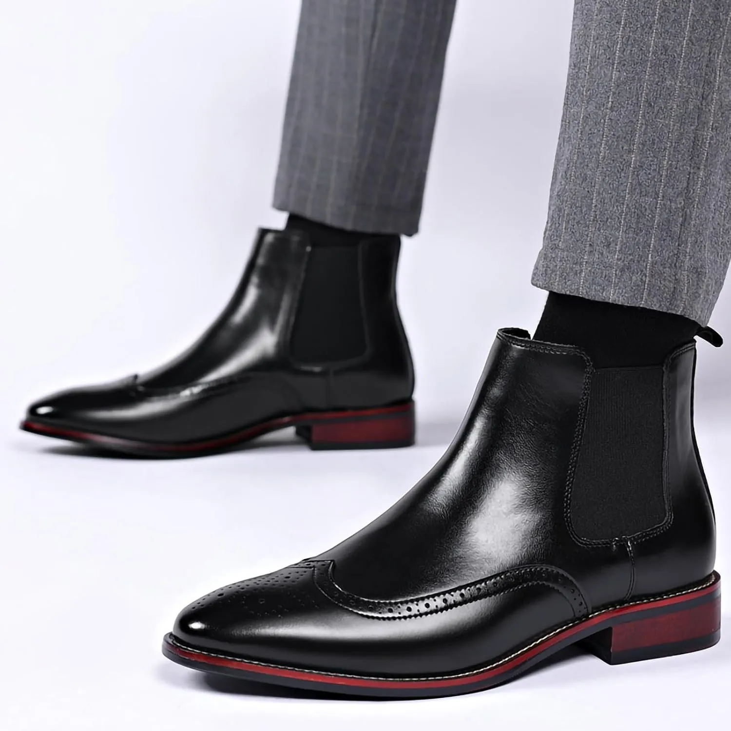 Mens Brogue PU Leather Boots - Slip-On Chelsea Ankle Boots - British Style Casual Business Boots