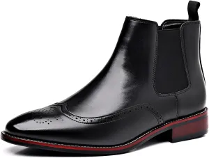 Mens Brogue PU Leather Boots - Slip-On Chelsea Ankle Boots - British Style Casual Business Boots
