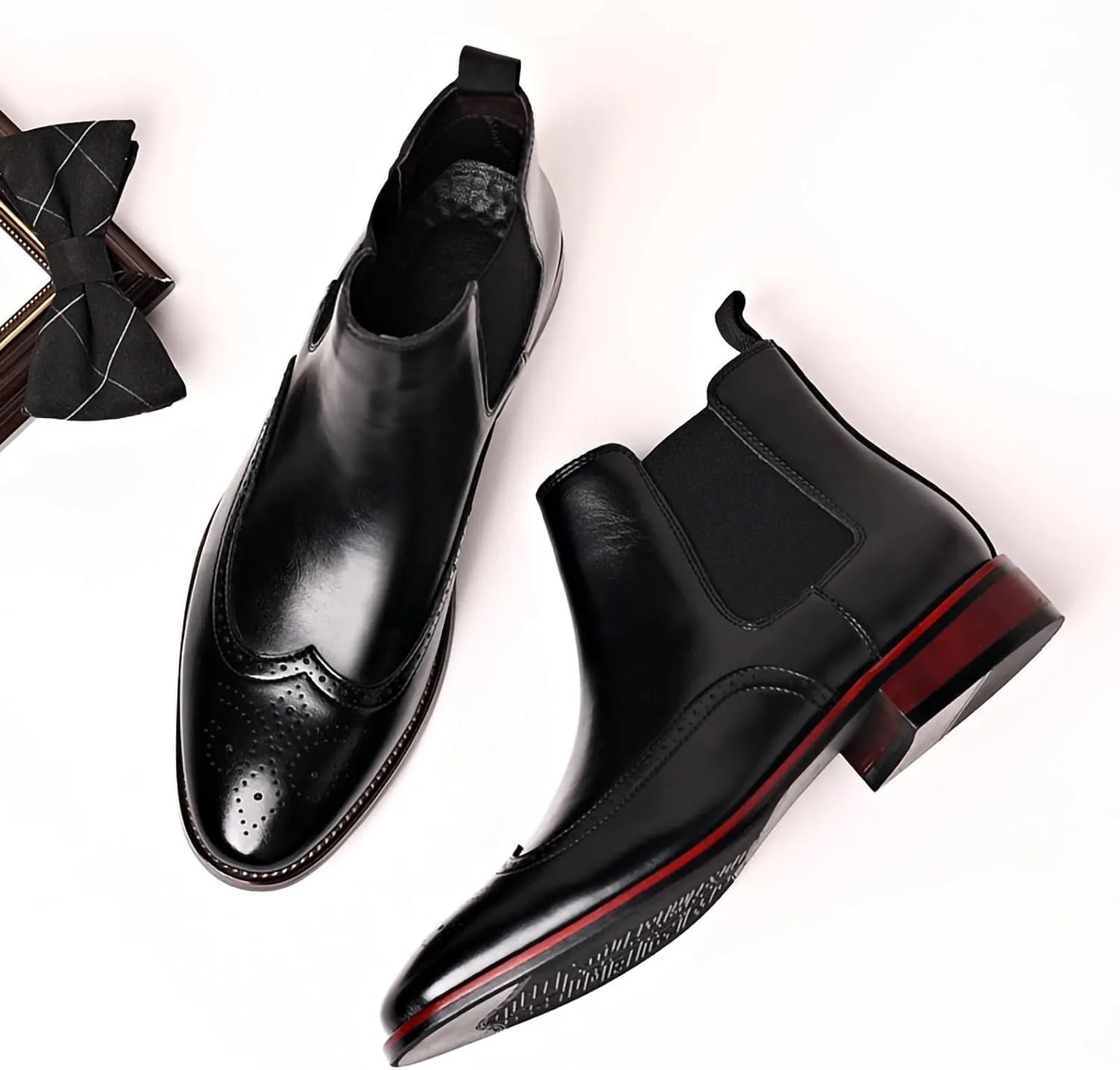 Mens Brogue PU Leather Boots - Slip-On Chelsea Ankle Boots - British Style Casual Business Boots