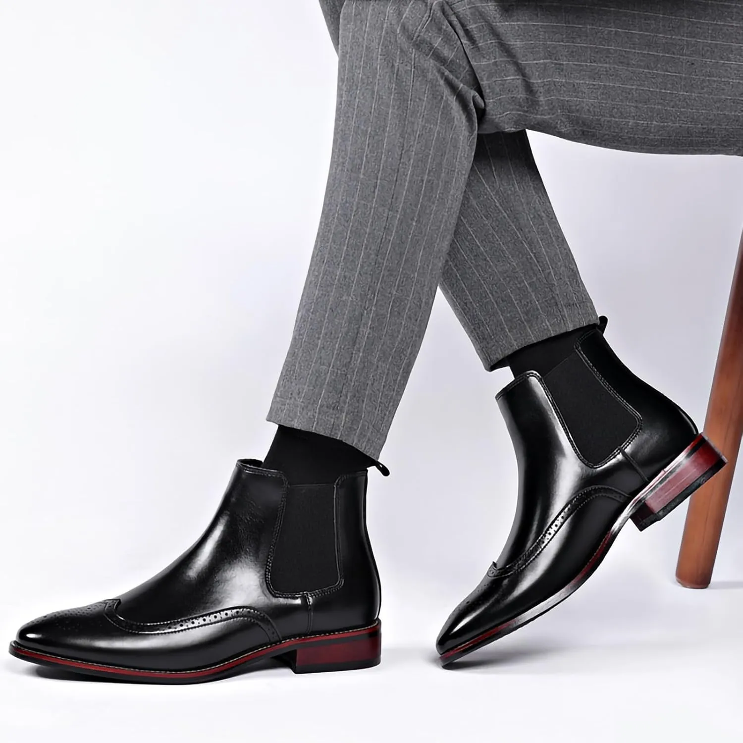 Mens Brogue PU Leather Boots - Slip-On Chelsea Ankle Boots - British Style Casual Business Boots