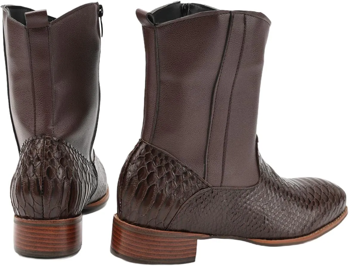 Men's Cowboy Boots Alligator Embossed Leather Square Toe Chunky Heel Side Zipper Mid-Calf Western Boots