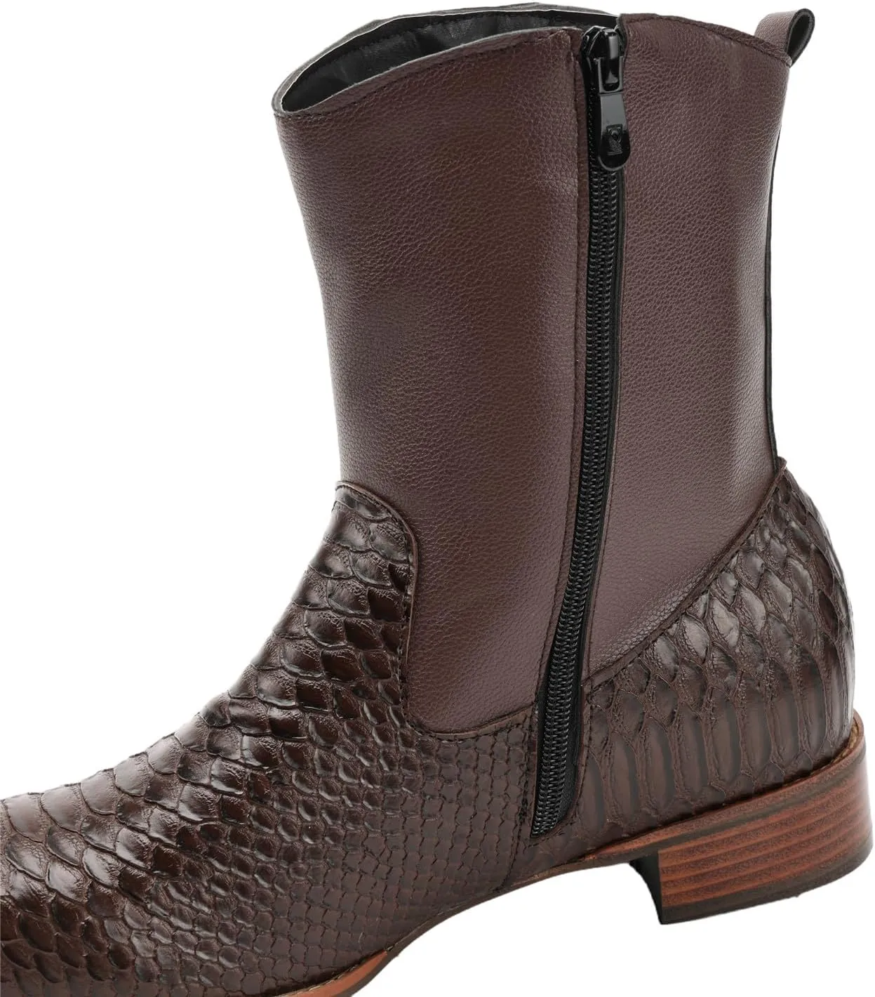 Men's Cowboy Boots Alligator Embossed Leather Square Toe Chunky Heel Side Zipper Mid-Calf Western Boots