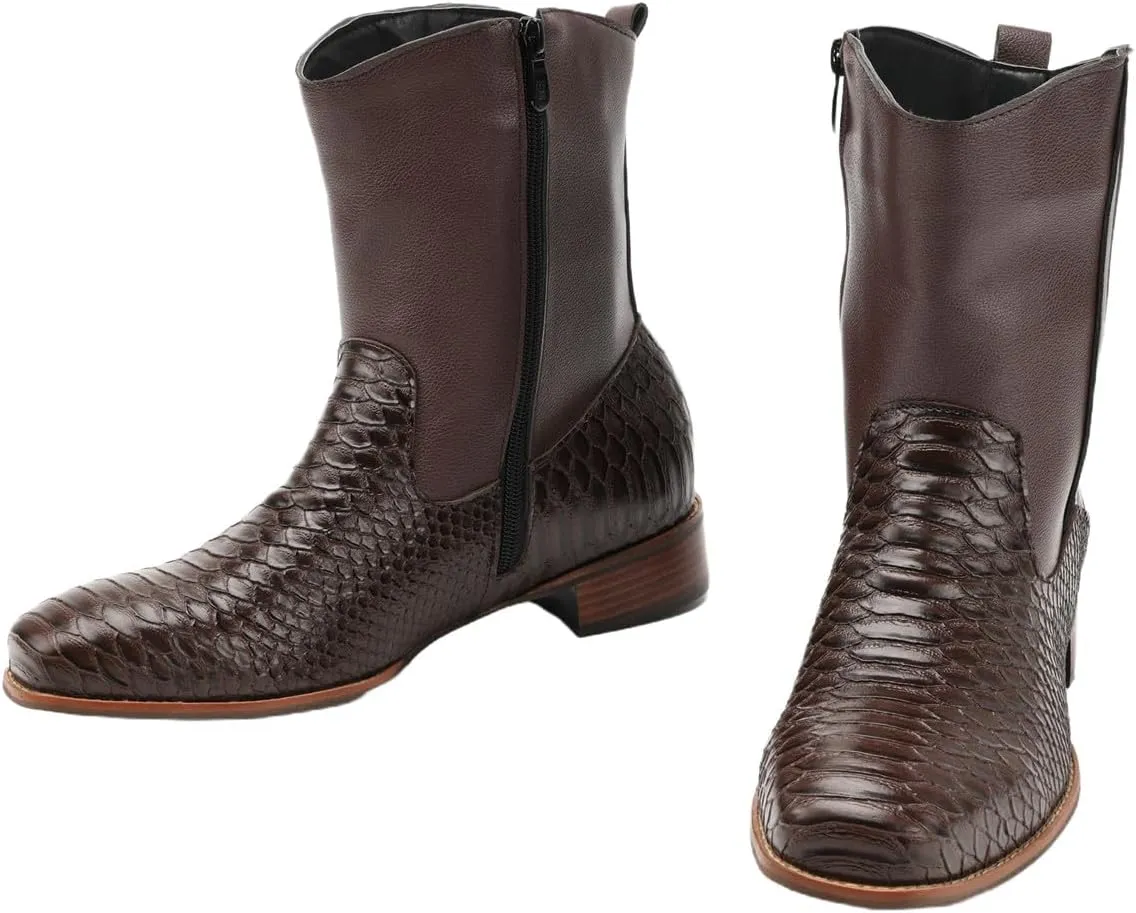 Men's Cowboy Boots Alligator Embossed Leather Square Toe Chunky Heel Side Zipper Mid-Calf Western Boots