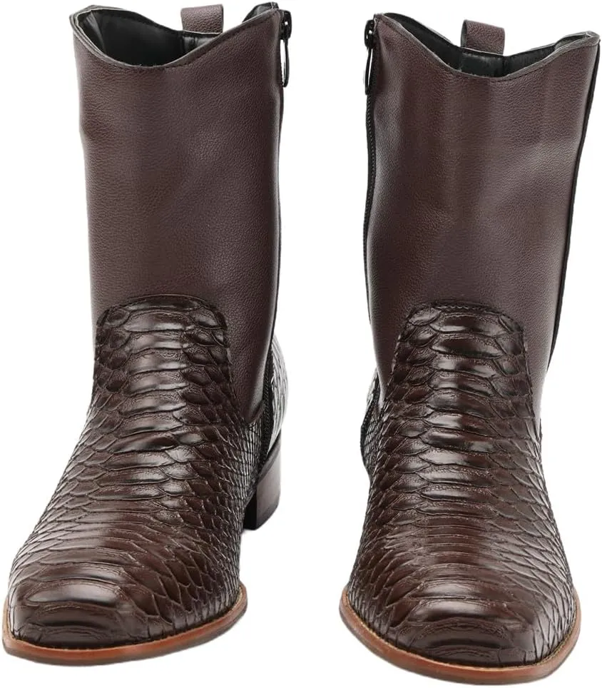 Men's Cowboy Boots Alligator Embossed Leather Square Toe Chunky Heel Side Zipper Mid-Calf Western Boots