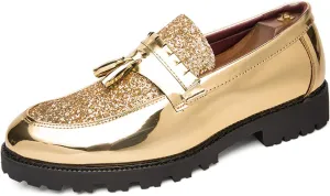 Men's Glitter Tassel Slip On Patent Loafer Fashion Round Moc Toe Patent Synthetic Leather Business Dress Shoes Causal Party Wedding Prom Shoes