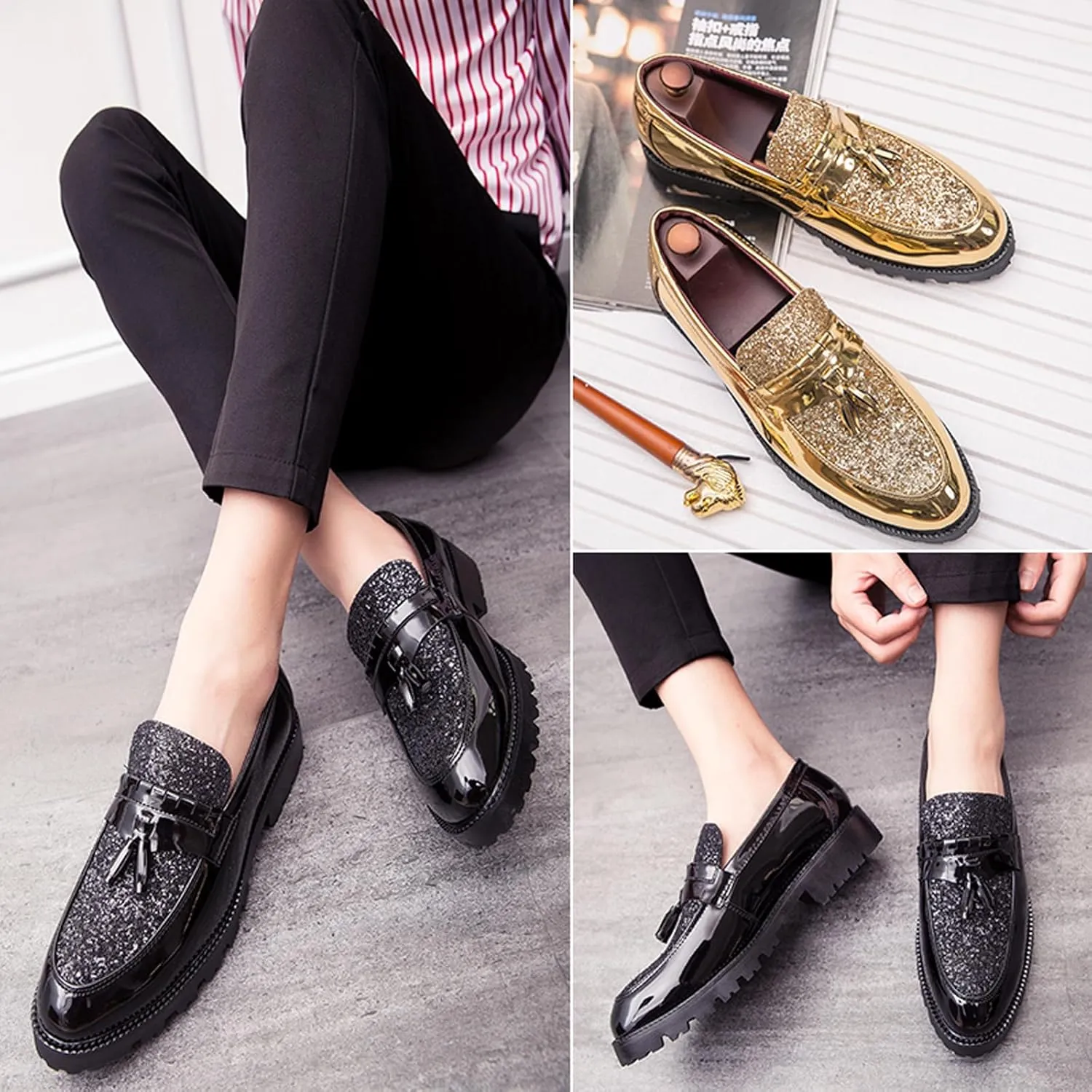 Men's Glitter Tassel Slip On Patent Loafer Fashion Round Moc Toe Patent Synthetic Leather Business Dress Shoes Causal Party Wedding Prom Shoes