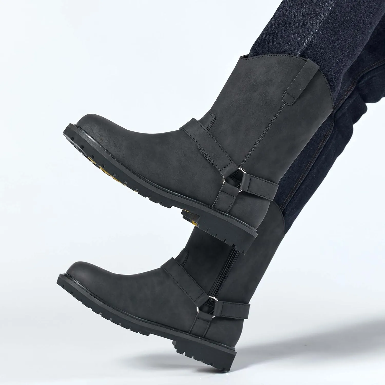 Men's High Top Zippered Closed Motorcycle boots with O-Ring Ankle Straps Tactical Boots Sturdy And Protective Cycling Boots Anti Slip And Wear-Resistant Outdoor Hiking Boots Comfortable Riding Boots