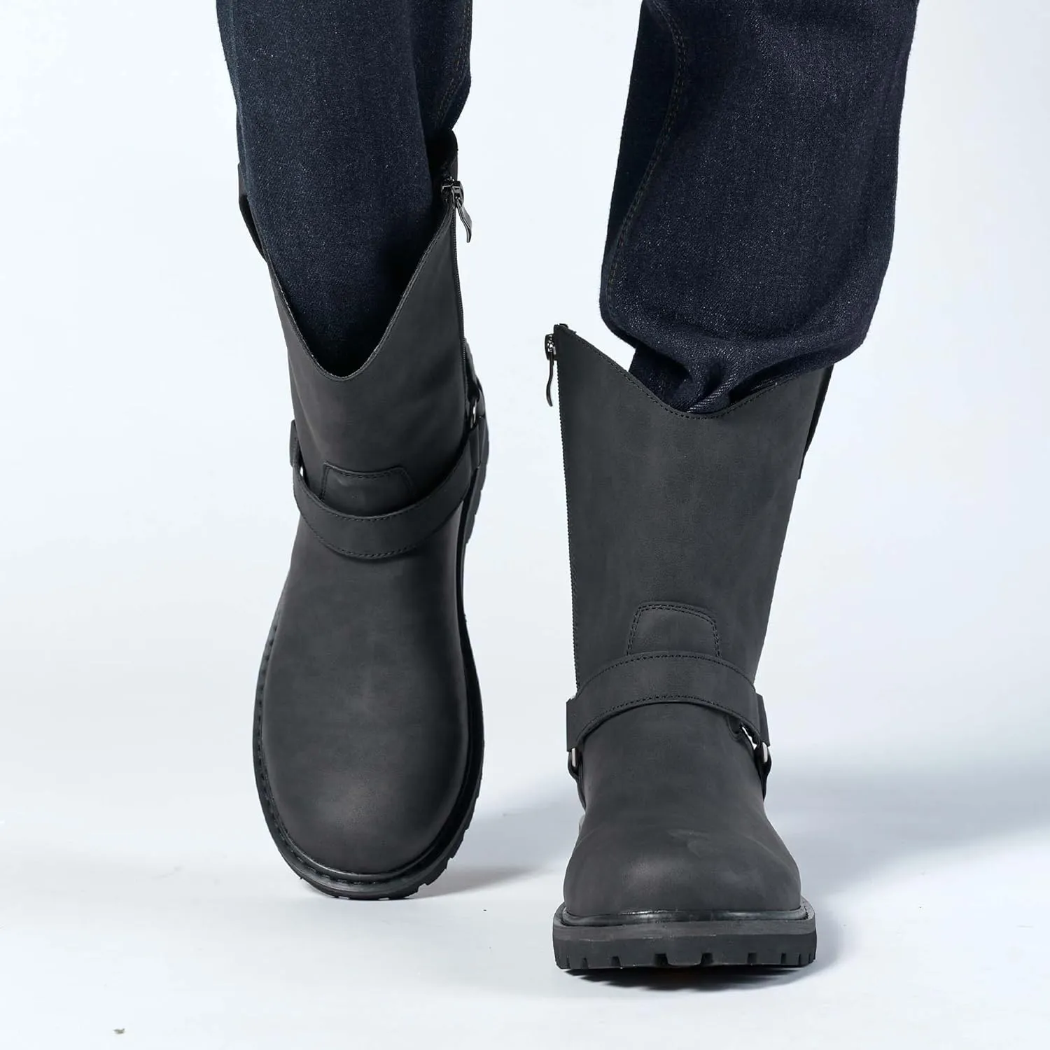 Men's High Top Zippered Closed Motorcycle boots with O-Ring Ankle Straps Tactical Boots Sturdy And Protective Cycling Boots Anti Slip And Wear-Resistant Outdoor Hiking Boots Comfortable Riding Boots
