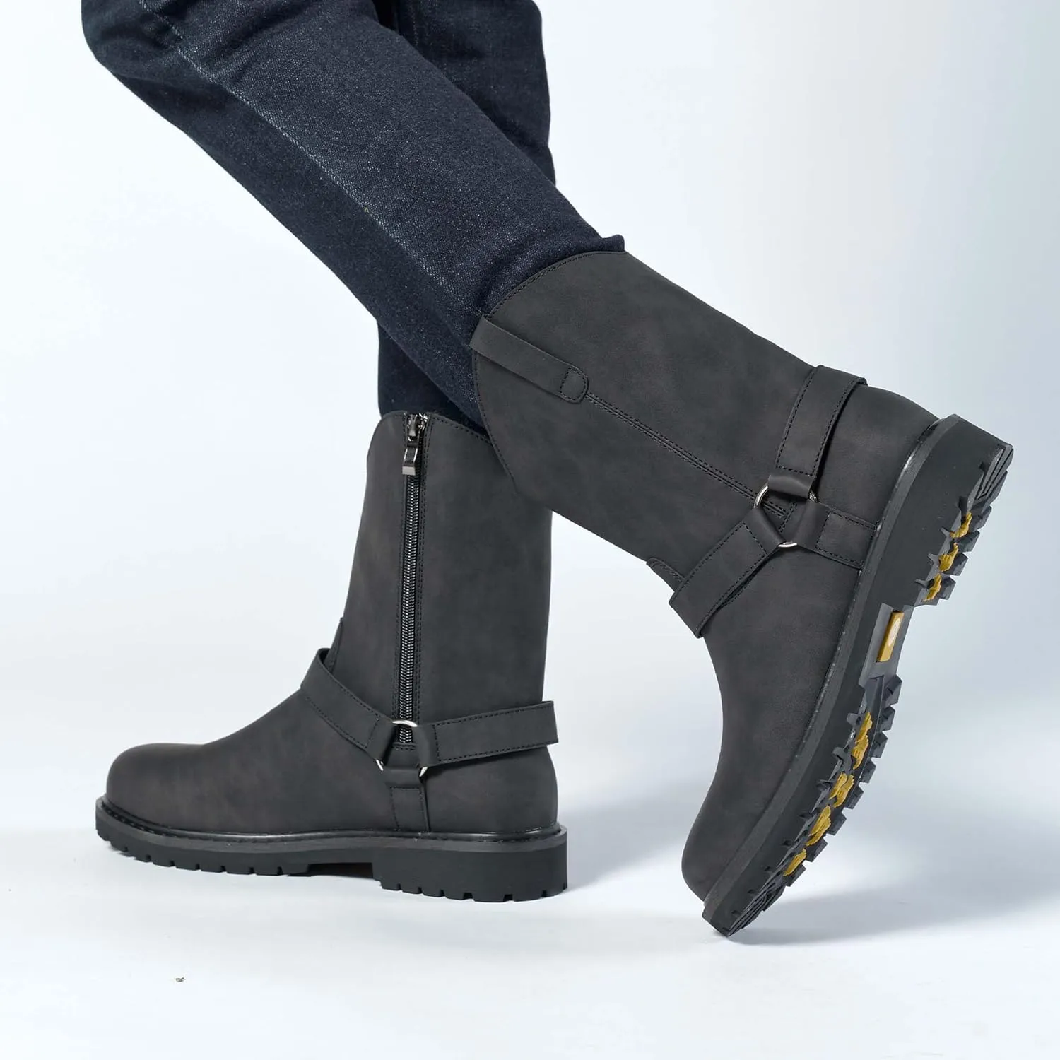 Men's High Top Zippered Closed Motorcycle boots with O-Ring Ankle Straps Tactical Boots Sturdy And Protective Cycling Boots Anti Slip And Wear-Resistant Outdoor Hiking Boots Comfortable Riding Boots
