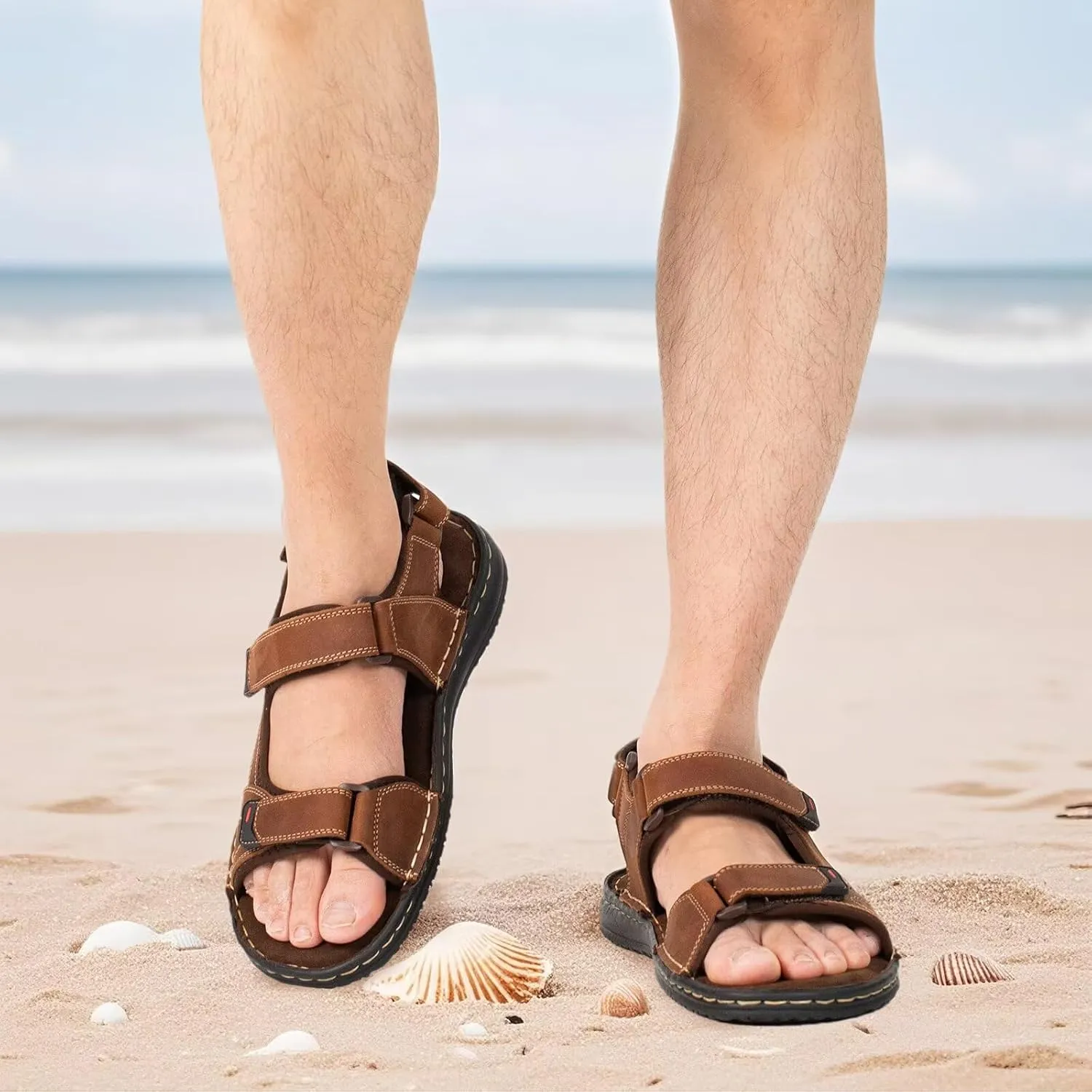 Men's Leather Sandals, Comfortable Open-Toe Outdoor Beach Shoes