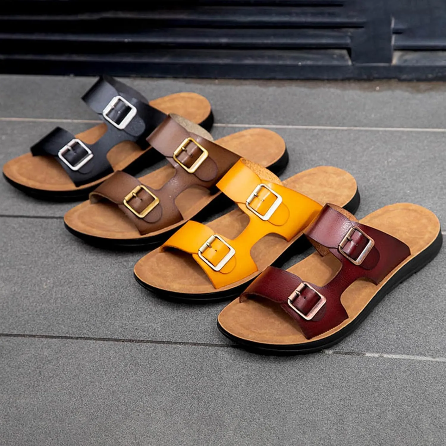 Men's Leather Slip-On Sandals Retro Two-Strap Buckle Design Anti-Slip Sole Comfortable Casual Slides for Walking Beach Indoor & Outdoor