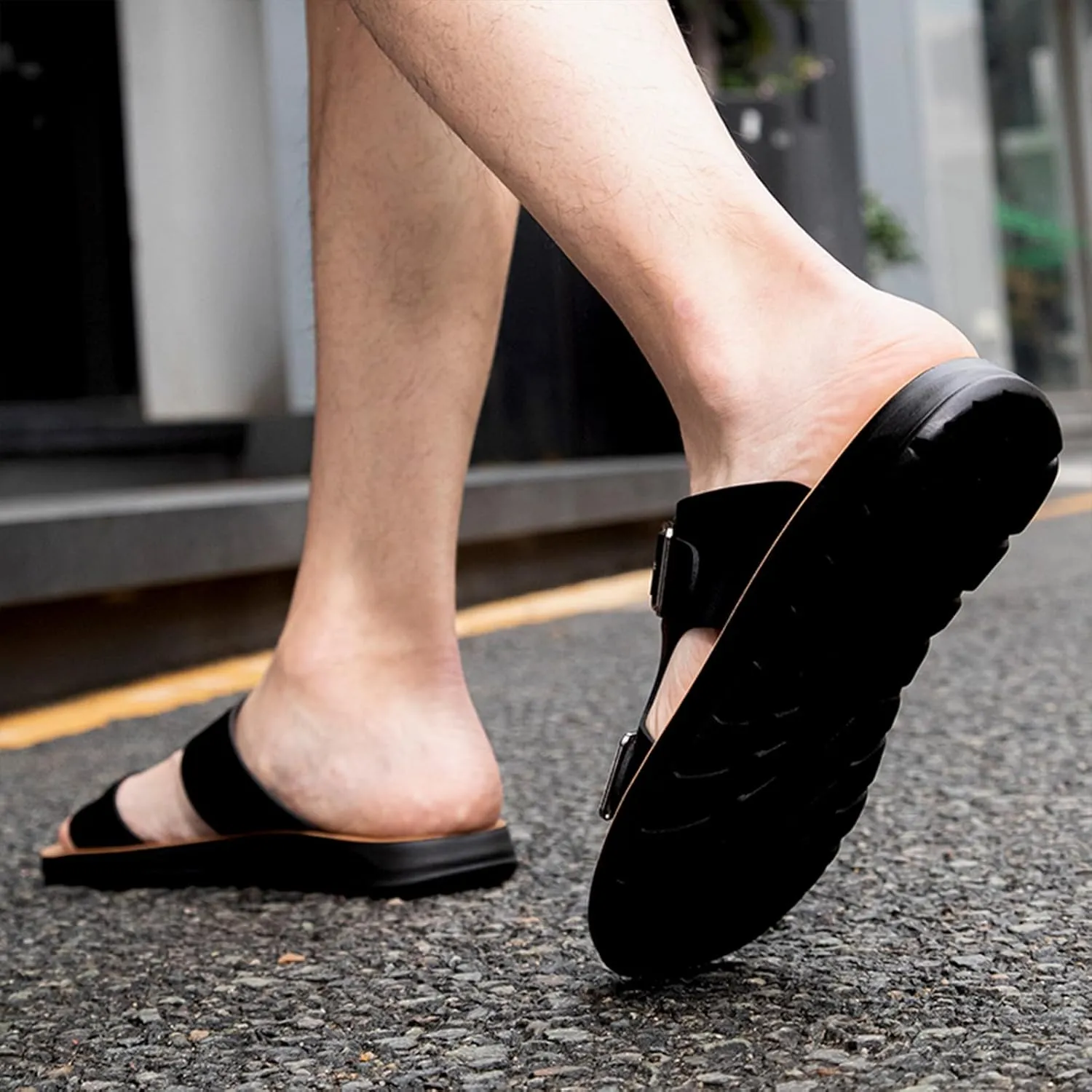 Men's Leather Slip-On Sandals Retro Two-Strap Buckle Design Anti-Slip Sole Comfortable Casual Slides for Walking Beach Indoor & Outdoor