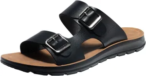 Men's Leather Slip-On Sandals Retro Two-Strap Buckle Design Anti-Slip Sole Comfortable Casual Slides for Walking Beach Indoor & Outdoor