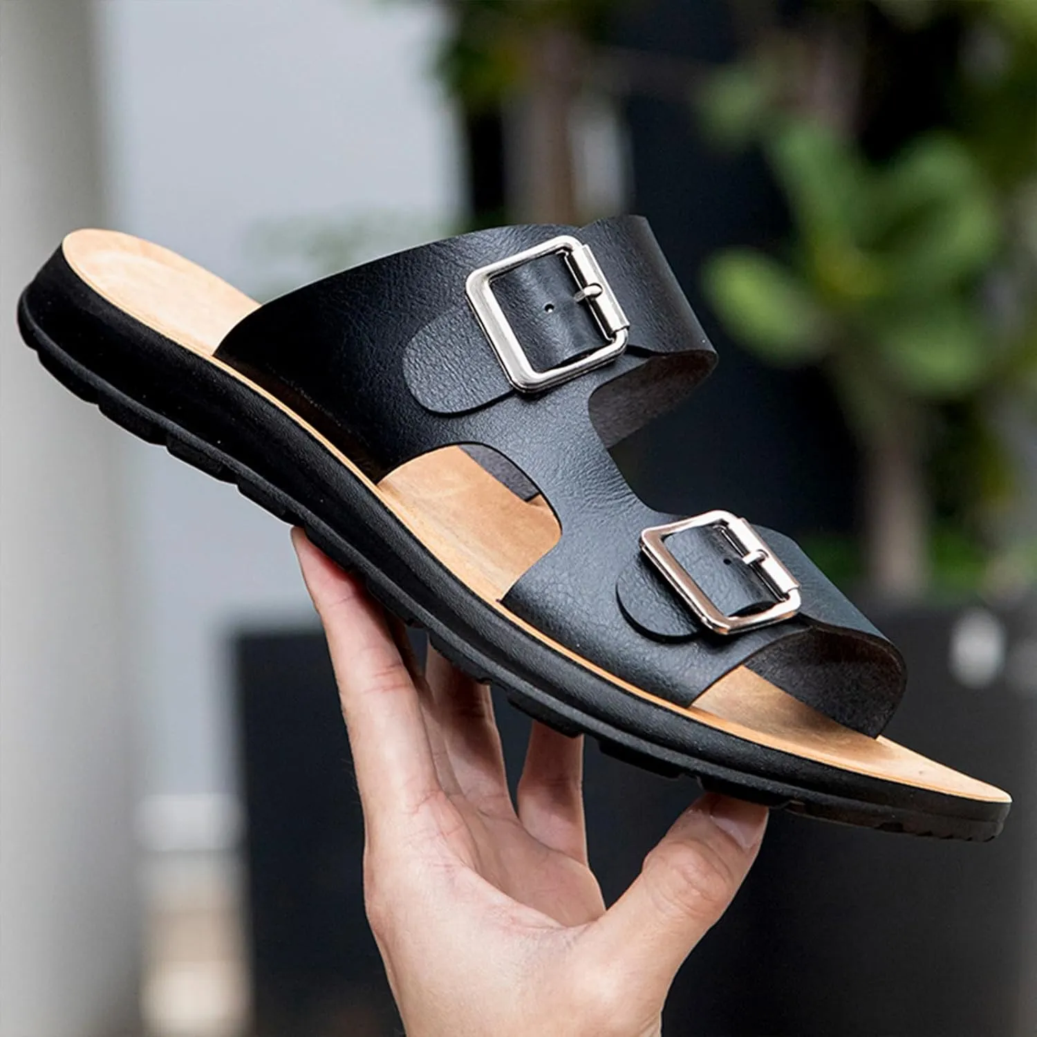 Men's Leather Slip-On Sandals Retro Two-Strap Buckle Design Anti-Slip Sole Comfortable Casual Slides for Walking Beach Indoor & Outdoor