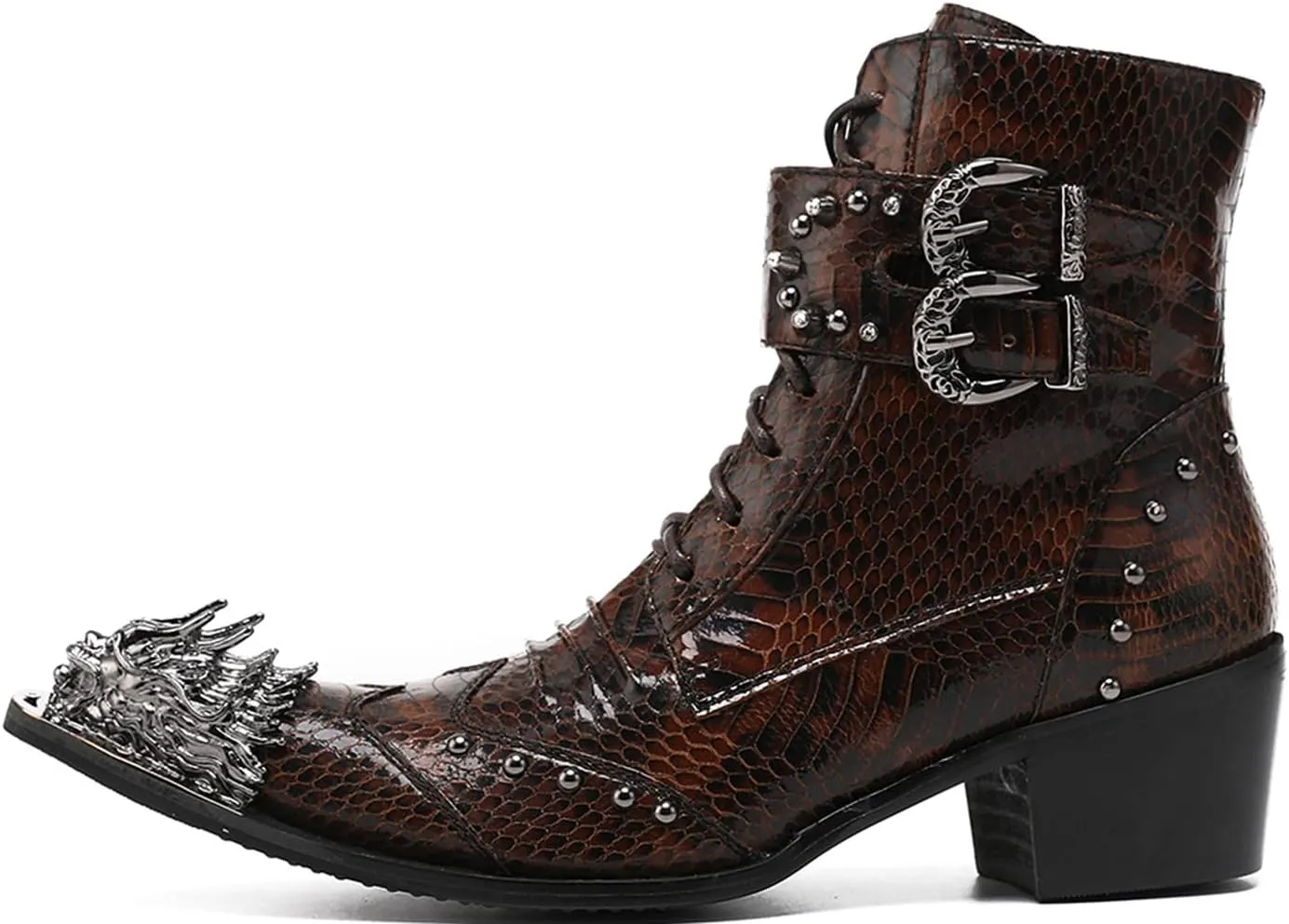 Mens Oxfords Boots Casual Dress Cowboy Boots Genuine Leather Metal Wingtip Toe Rivets Western Boots Fashion Ballroom Tuxedo Party Disco Rock Singer Prom Wedding Mid Top Boots for Men