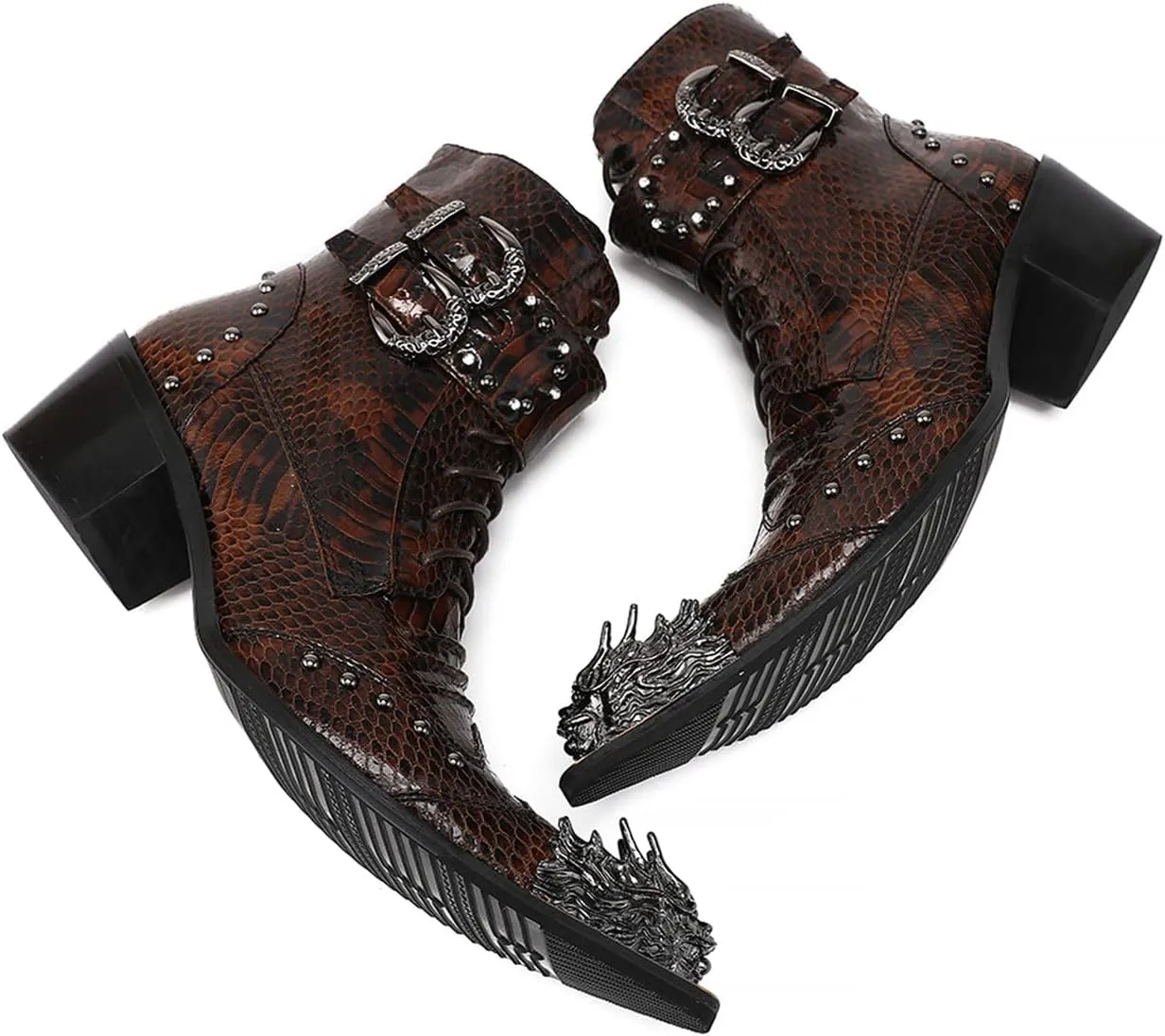 Mens Oxfords Boots Casual Dress Cowboy Boots Genuine Leather Metal Wingtip Toe Rivets Western Boots Fashion Ballroom Tuxedo Party Disco Rock Singer Prom Wedding Mid Top Boots for Men