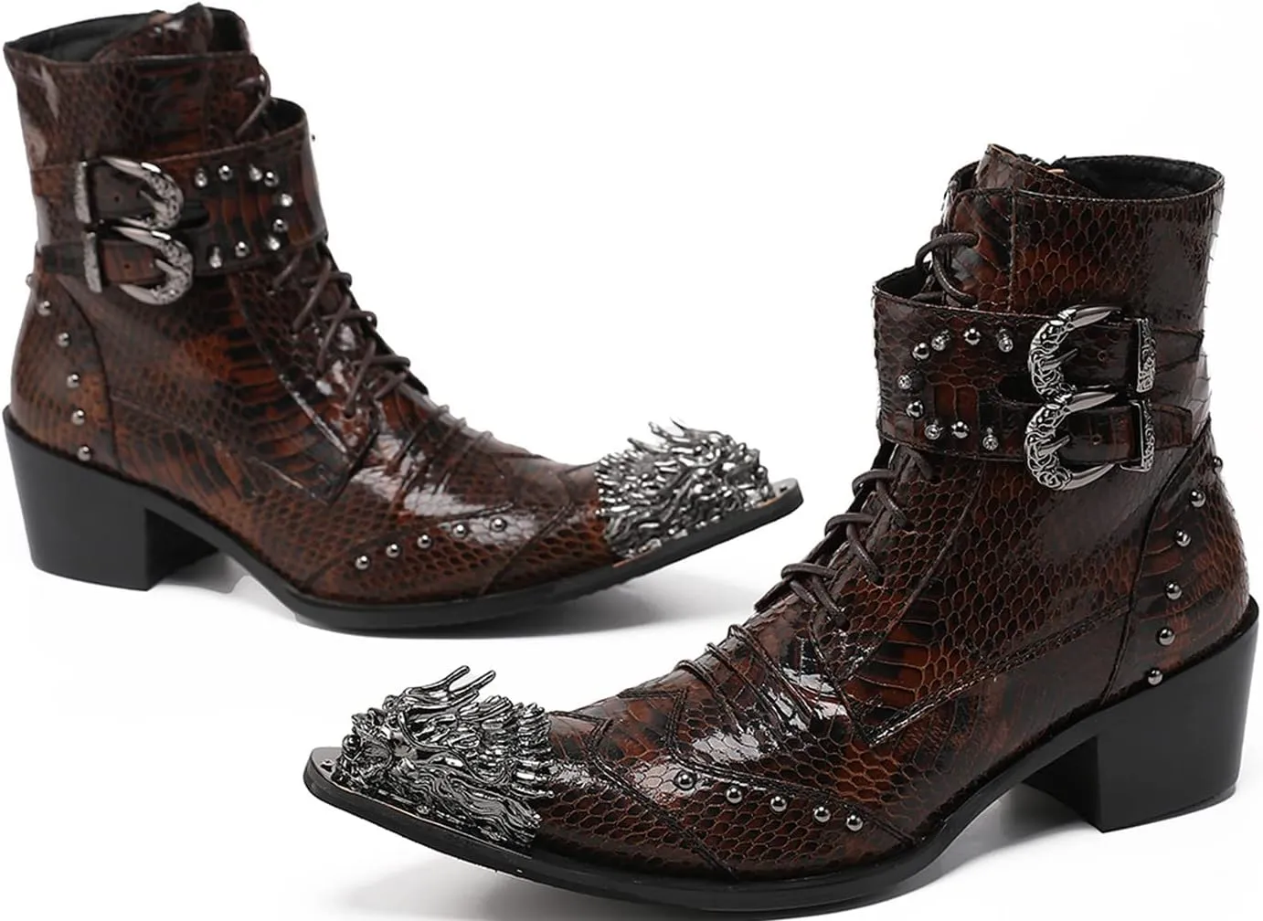 Mens Oxfords Boots Casual Dress Cowboy Boots Genuine Leather Metal Wingtip Toe Rivets Western Boots Fashion Ballroom Tuxedo Party Disco Rock Singer Prom Wedding Mid Top Boots for Men