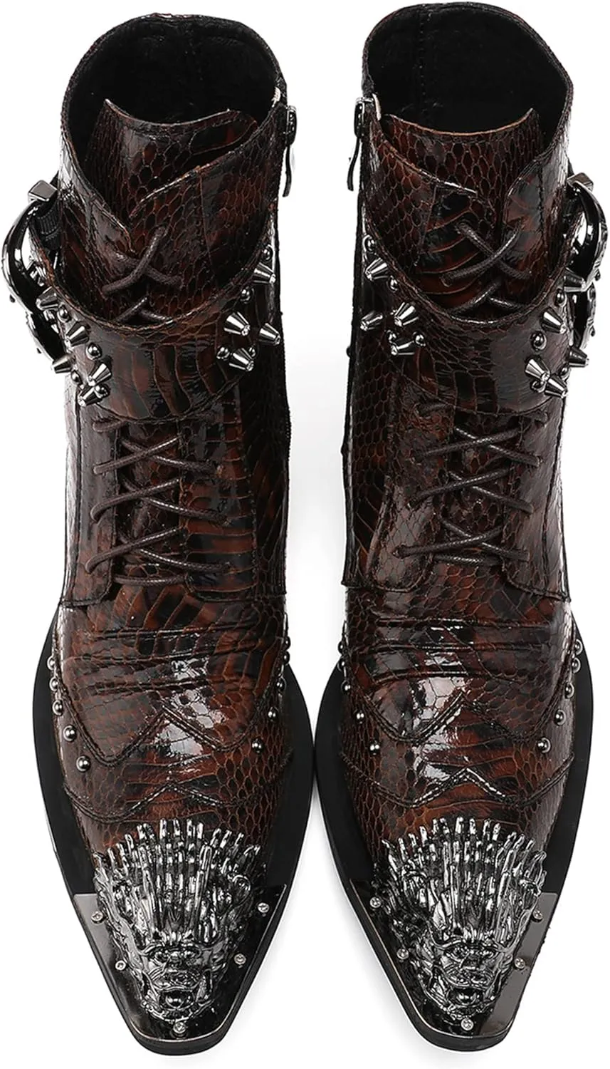Mens Oxfords Boots Casual Dress Cowboy Boots Genuine Leather Metal Wingtip Toe Rivets Western Boots Fashion Ballroom Tuxedo Party Disco Rock Singer Prom Wedding Mid Top Boots for Men