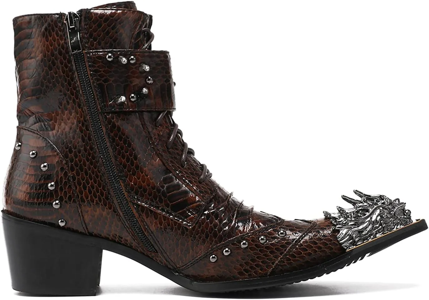 Mens Oxfords Boots Casual Dress Cowboy Boots Genuine Leather Metal Wingtip Toe Rivets Western Boots Fashion Ballroom Tuxedo Party Disco Rock Singer Prom Wedding Mid Top Boots for Men