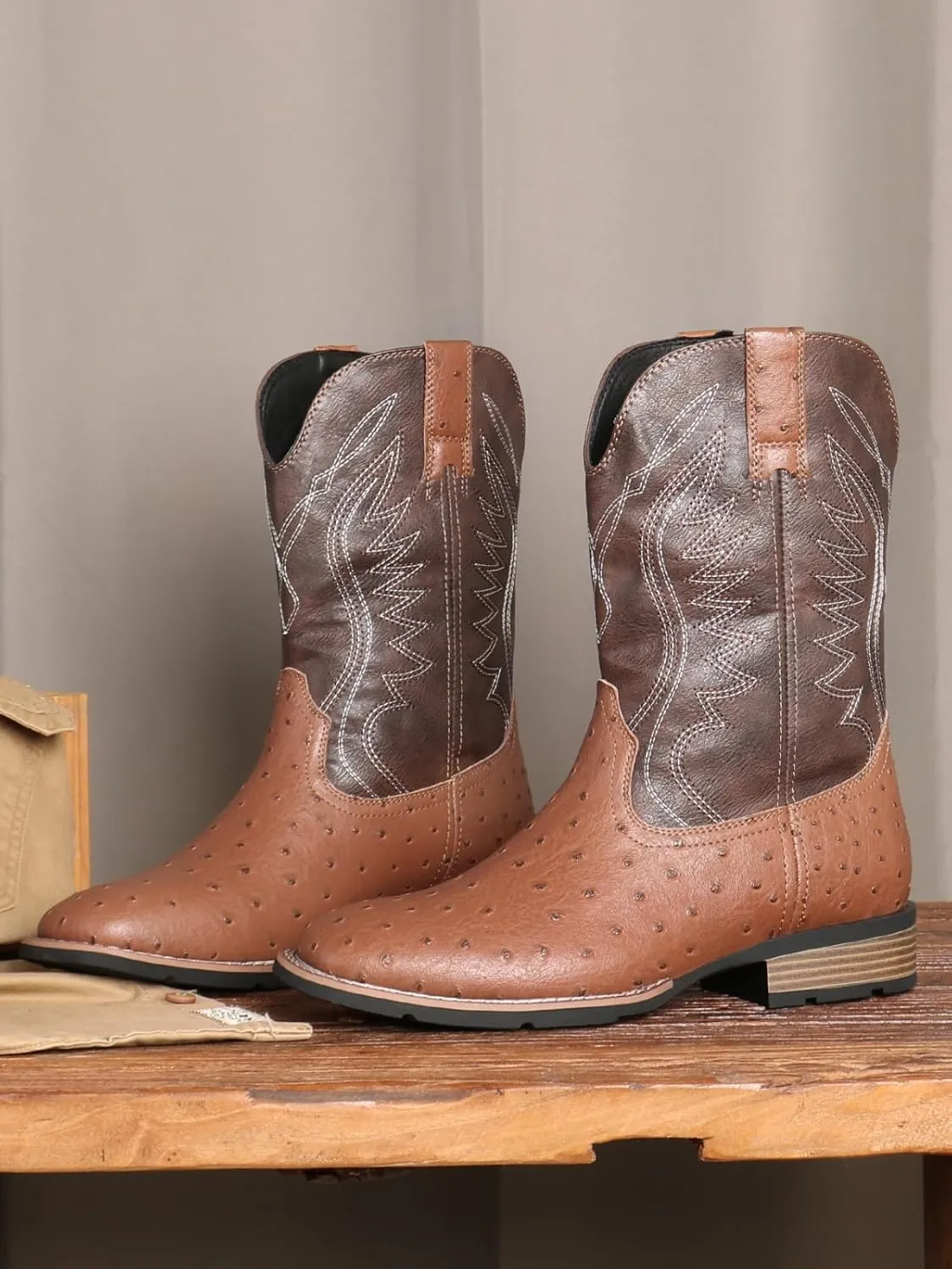 Men's raised ostrich square casual boots, Western cowboy Classic embroidered square calf boots