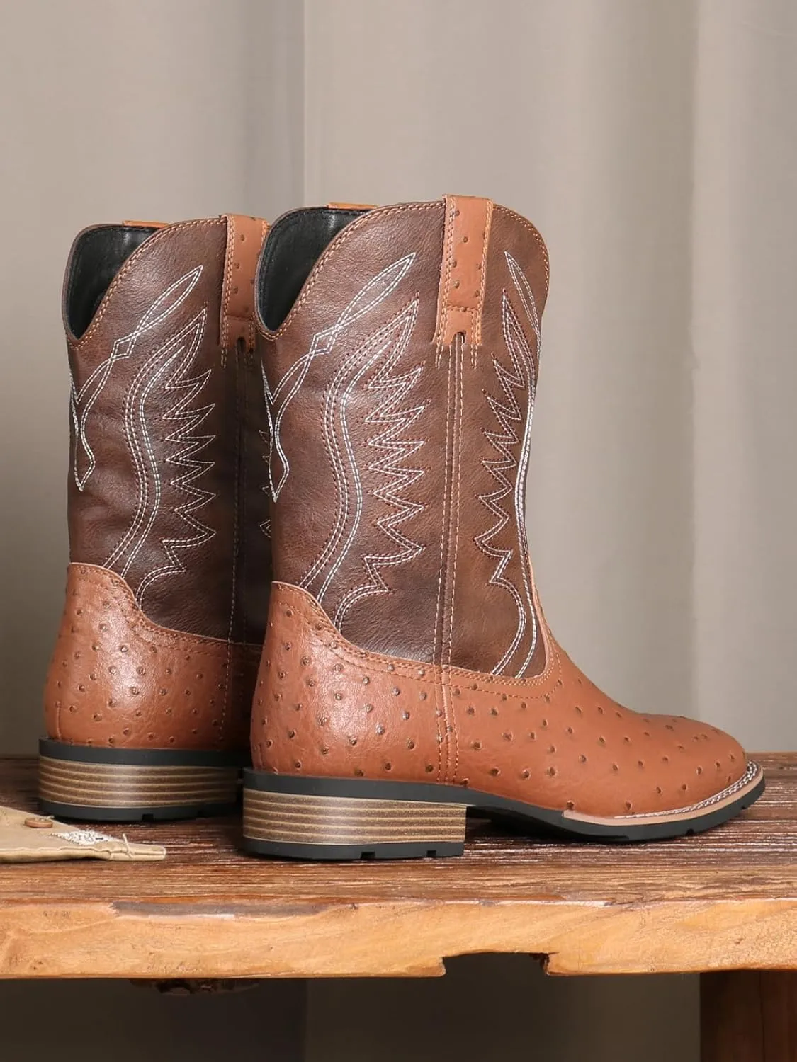 Men's raised ostrich square casual boots, Western cowboy Classic embroidered square calf boots
